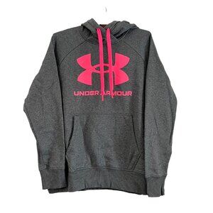 Under Armour Womens Gray Pink Large Logo Pullover Hoodie Sweater Size Large